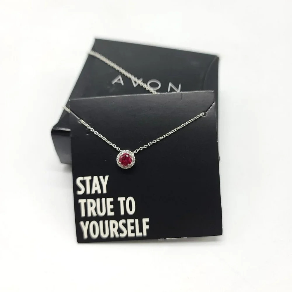 Avon Sterling SIlver CZ Birthstone Necklace July Faux Ruby Red Stone NIB 2019